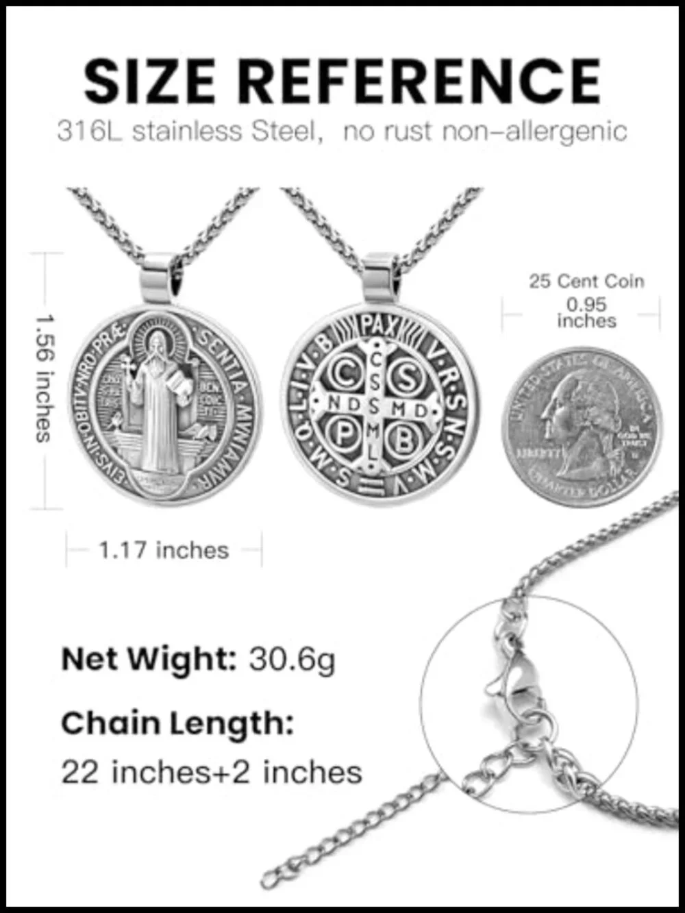 St Benedict Medal Necklace Catholic Pendant Stainless Steel Confirmation Gift